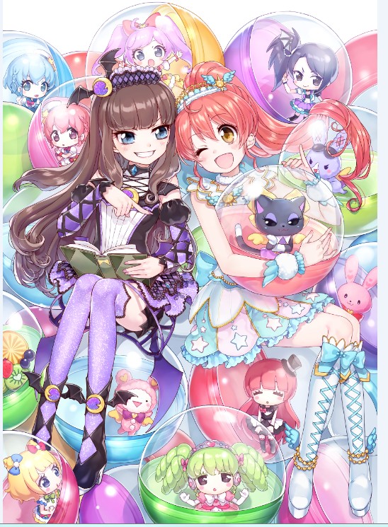 1boy 6+girls ;d ahoge ankle_wings black_eyes black_hair blue_eyes blue_hair blunt_bangs book boots braid cat closed_eyes commentary_request cone_hair_bun dorothy_west dress drill_hair falulu gashapon gold_trim green_hair grim hair_bun hat head_wings high_heels hojo_sophy holding holding_book knee_boots kneehighs kuma_(pripara) kurosu_aroma lace-up_boots long_hair manaka_laala minami_mirei multiple_girls neko_(pripara) one_eye_closed open_book open_mouth pink_hair pinky_out pointing ponytail pretty_series pripara purple_legwear rabbit red_hair reona_west rojiko shiratama_mikan side_ponytail single_head_wing smile socks tiara top_hat toudou_shion trap twintails usagi_(pripara) wings yellow_eyes