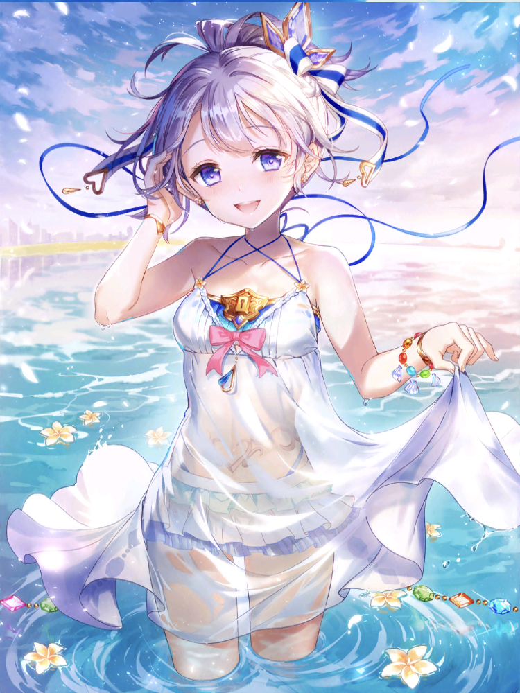 1girl baizu_(guszx) bare_shoulders blue_eyes blue_ribbon blush clothes_pull cloud covered_navel dress grey_hair hair_ornament hair_ribbon hand_in_own_hair in_water lake looking_at_viewer navel open_mouth outdoors ponytail ribbon see-through_clothes shironeko_project short_hair short_ponytail sky smile solo standing swimsuit thighs tina_topia wet