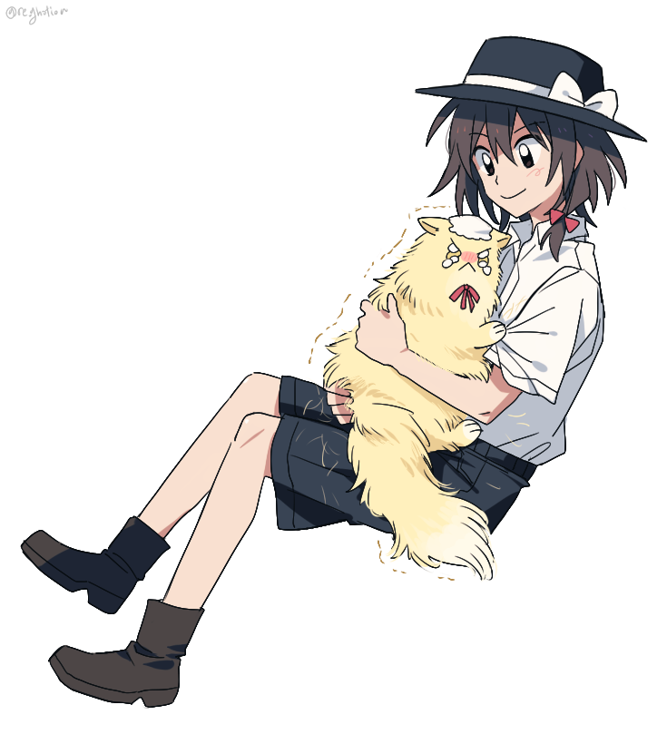 1girl animal animalization black_hat black_skirt boots bow brown_boots brown_eyes brown_hair cat closed_mouth collared_shirt commentary fedora from_side full_body hair_bow hat hat_ribbon holding holding_animal holding_cat maribel_hearn medium_hair mob_cap re_ghotion red_bow ribbon shirt short_sleeves skirt smile symbol-only_commentary tearing_up touhou transparent_background trembling usami_renko white_bow white_hat white_ribbon white_shirt yellow_cat