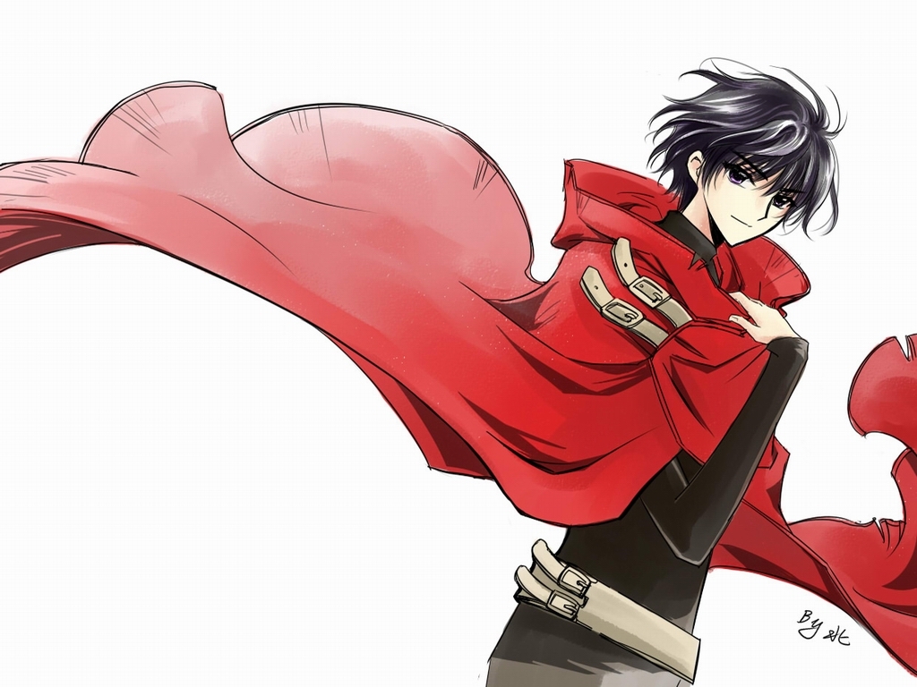 1boy belt_buckle black_hair buckle cape feng_you kamui_(gintama) looking_at_viewer male_focus purple_eyes shirou_kamui short_hair signature simple_background solo white_background x_(manga)