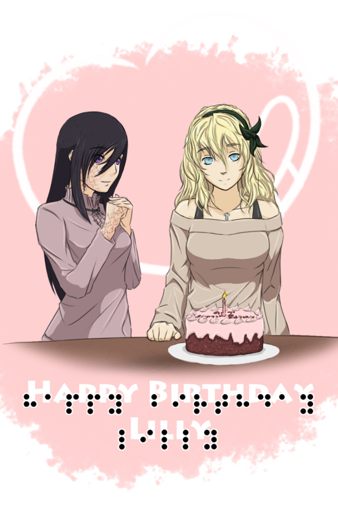 10s 2girls bare_shoulders birthday_cake black_hair blind blonde_hair blue_eyes braille cake candle cross drawfag food happy_birthday ikezawa_hanako jewelry katawa_shoujo multiple_girls necklace purple_eyes satou_lilly scar