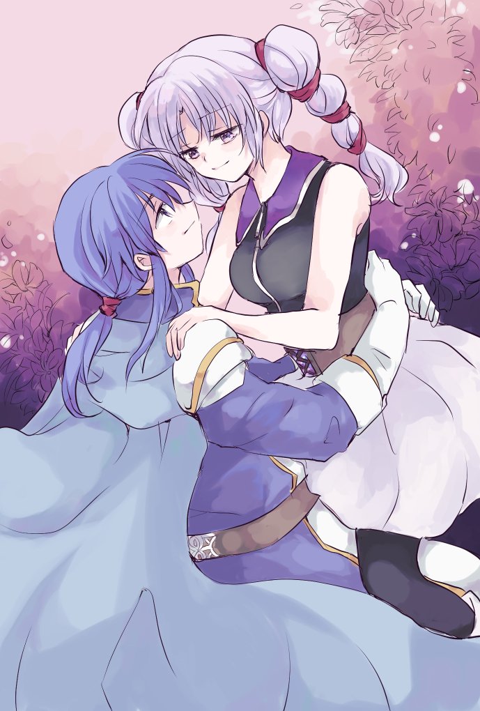 1boy 1girl blue_hair cape fire_emblem fire_emblem:_genealogy_of_the_holy_war gloves holding kitano_373 long_hair looking_at_another nintendo purple_hair seliph_(fire_emblem) skirt smile thighhighs tine_(fire_emblem) twintails