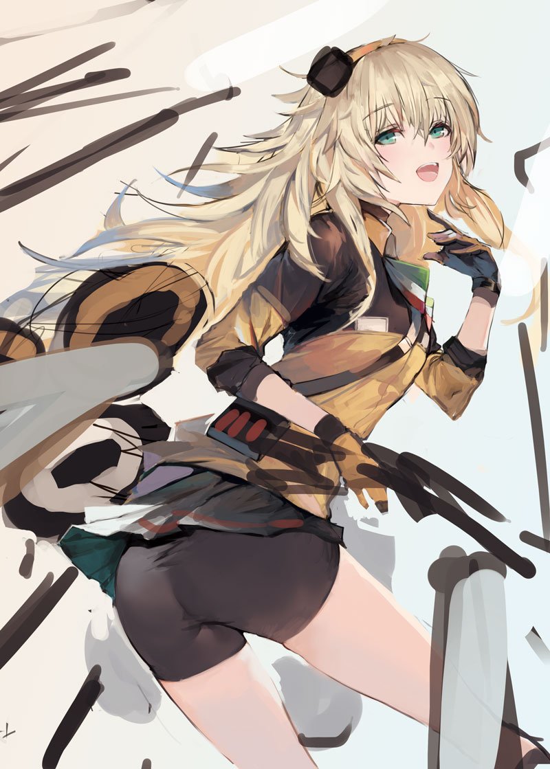 1girl ass bike_shorts blonde_hair blush flag_print from_behind girls&#039;_frontline gloves green_eyes gun gun_sling hairband holding holding_weapon irikawa italian_flag italian_flag_print long_hair messy_hair miniskirt open_mouth orange_gloves orange_shirt print_ribbon ribbon s.a.t.8_(girls&#039;_frontline) shield_module shirt shotgun skirt smile solo uniform very_long_hair weapon