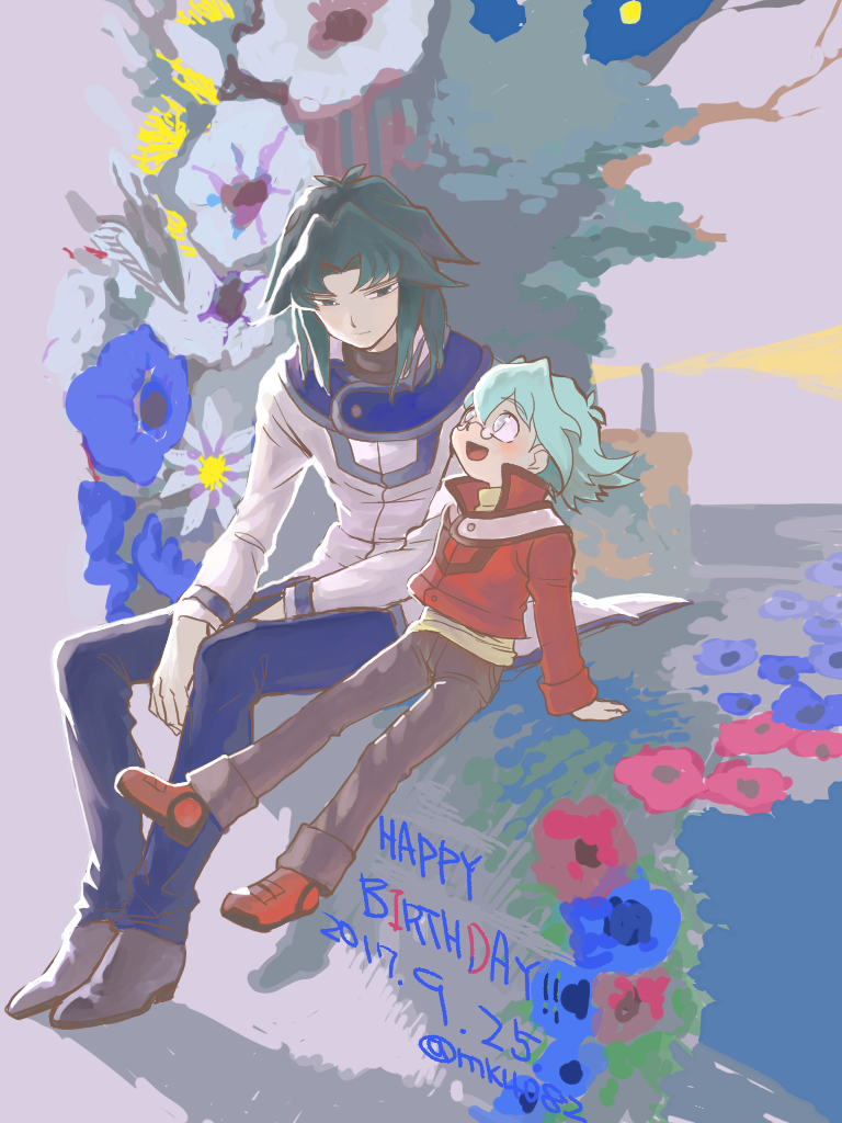 2boys arm_support black_footwear blue_pants brothers closed_mouth green_eyes grey_pants jacket long_hair looking_at_another male_focus marufuji_ryo marufuji_sho moiko multiple_boys open_mouth pants red_footwear red_jacket shoes short_hair siblings sitting sneakers white_jacket yu-gi-oh! yu-gi-oh!_gx