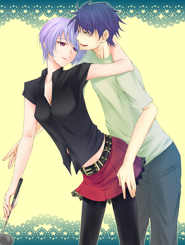 00s 1boy 1girl arched_back arm_around_neck bad_id bad_pixiv_id belt black_belt black_pantyhose black_shirt blue_hair blue_pants chaos;head closed_mouth couple grey_eyes hanano hetero kishimoto_ayase ladle light_smile looking_back nichijou_takumi nishijou_takumi open_mouth pants pantyhose purple_eyes purple_hair red_skirt shirt short_hair simple_background skirt smile t-shirt white_shirt yellow_background