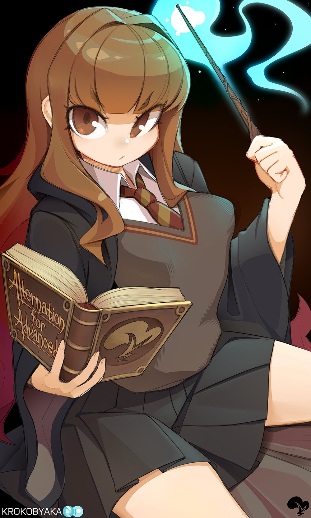 1girl artist_logo artist_name black_background black_coat black_skirt book brown_background brown_eyes brown_hair closed_mouth coat collared_shirt commentary diagonal-striped_clothes diagonal-striped_necktie english_commentary gradient_background grey_sweater hair_intakes harry_potter_(series) hermione_granger highres holding holding_book holding_wand krokobyaka logo long_hair looking_at_viewer necktie open_clothes open_coat paid_reward_available pleated_skirt red_necktie shirt sitting skirt solo striped_clothes sweater two-tone_background wand white_shirt wide_sleeves wizarding_world