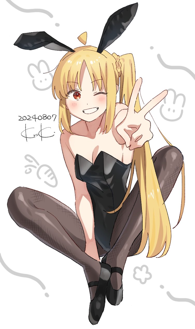1girl ahoge alternate_costume animal_ears bare_shoulders black_leotard black_pantyhose black_shoes blonde_hair blush bocchi_the_rock! breasts carrot cleavage collarbone dated detached_ahoge fake_animal_ears fishnet_pantyhose fishnets flower_symbol grin highres ijichi_nijika leotard long_hair looking_at_viewer medium_breasts one_eye_closed pantyhose playboy_bunny rabbit_ears rabbit_symbol red_eyes shoes side_ponytail sidelocks simple_background sitting sk_tsu96 smile solo strapless strapless_leotard v white_background