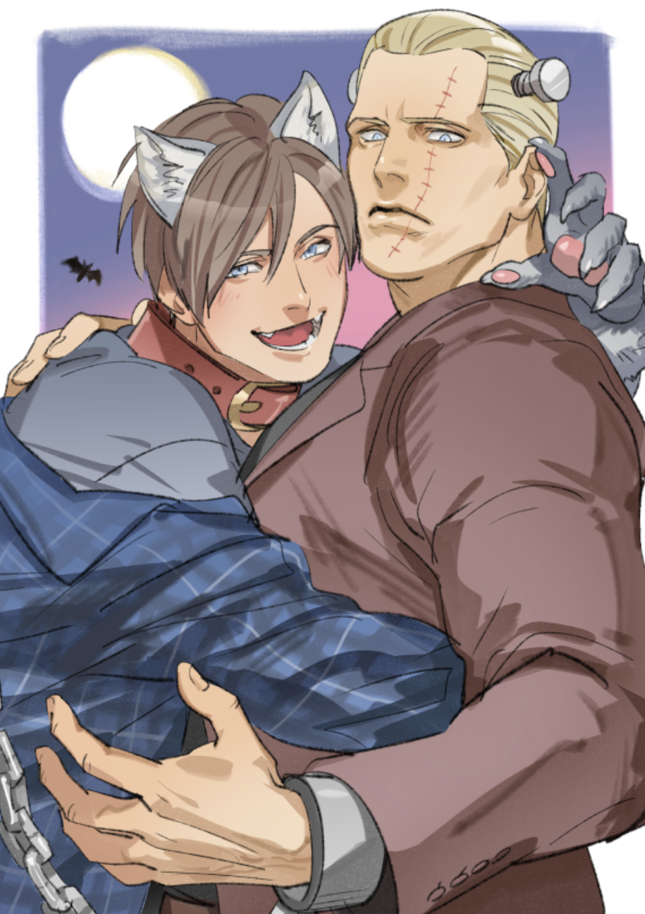 2boys bara bat_(animal) blonde_hair blue_eyes blue_shirt brown_hair chain closed_mouth formal_clothes frankenstein highres hug jack_krauser jewelry large_pectorals leon_s._kennedy male_focus multiple_boys muscular non-web_source open_mouth pectorals resident_evil scar shirt smile suit tatsumi_(psmhbpiuczn) werewolf