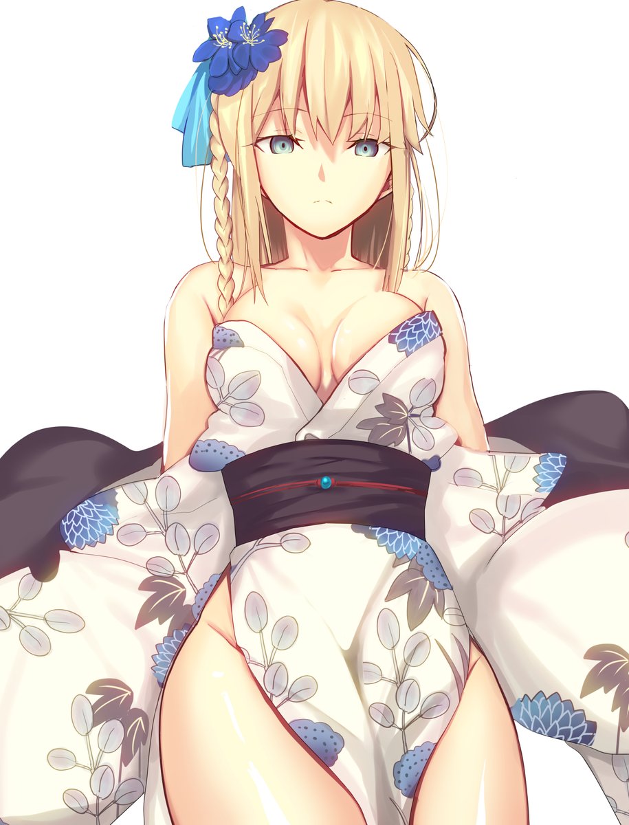 1girl bare_shoulders blonde_hair blue_eyes braid breasts cleavage closed_mouth commentary expressionless fate/grand_order fate_(series) floral_print flower hair_flower hair_ornament highres iro_(sekaixiro) japanese_clothes kimono large_breasts long_hair long_sleeves morgan_le_fay_(fate) morgan_le_fay_(fgo_fes._2023)_(fate) obi off_shoulder pelvic_curtain sash side_braid simple_background solo thighs white_background