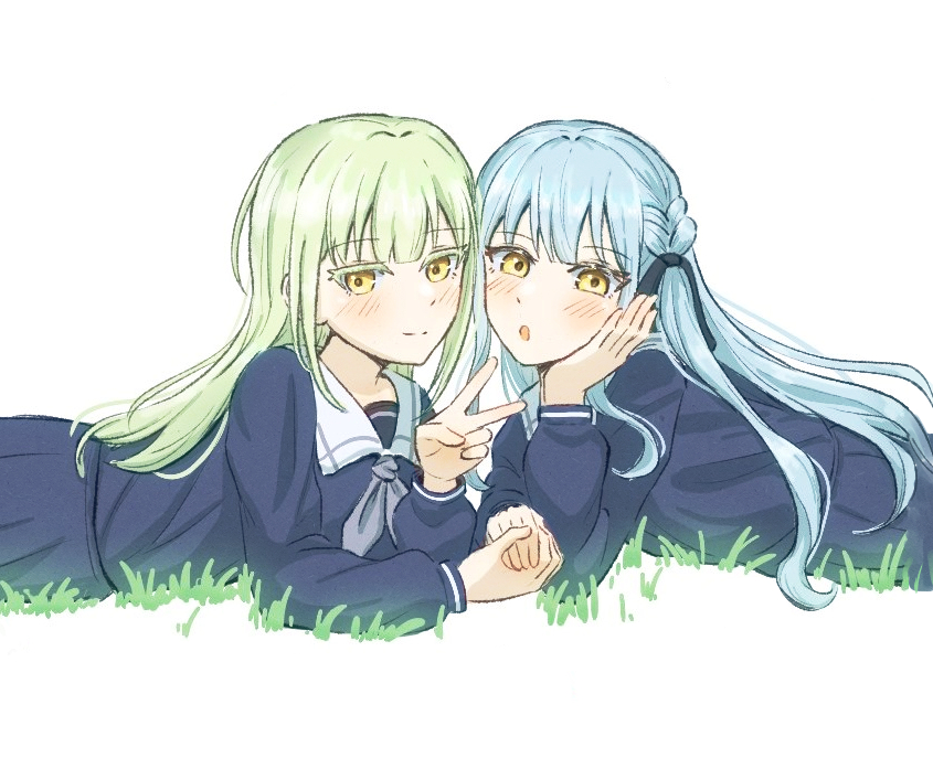 2girls arm_rest bang_dream! bang_dream!_it&#039;s_mygo!!!!! black_ribbon blue_hair blue_serafuku blush colored_eyelashes commentary cowboy_shot elbow_rest green_hair grey_neckerchief hair_ribbon hand_on_own_cheek hand_on_own_face hashtag-only_commentary heads_together holding_hands littleeefire long_hair long_sidelocks long_sleeves looking_at_viewer lying multiple_girls neckerchief on_grass on_stomach one_side_up ribbon sailor_collar school_uniform serafuku side-by-side sidelocks simple_background smile swept_bangs symbol-only_commentary togawa_sakiko tsukinomori_school_uniform v wakaba_mutsumi white_background white_sailor_collar winter_uniform yellow_eyes