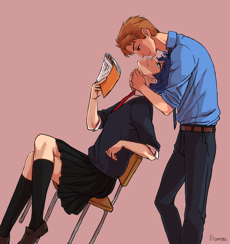 10s 1boy 1girl aqua_eyes arms_around_neck blue_hair book brown_eyes brown_hair cardigan chair frances from_side gekkan_shoujo_nozaki-kun holding holding_book hori_masayuki kashima_yuu leaning_back crossed_legs looking_up necktie o-obnn pleated_skirt reverse_trap school_uniform short_hair sitting skirt socks