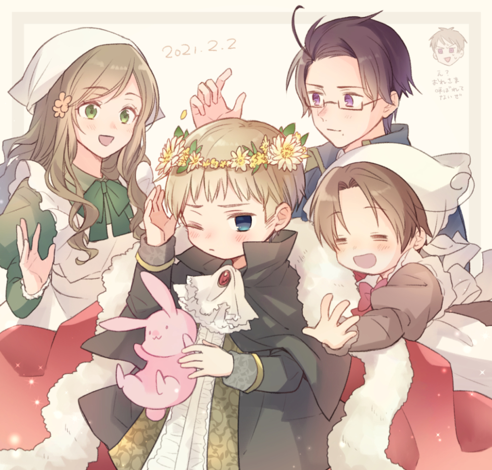 1girl 4boys ahoge apron ascot austria_(hetalia) axis_powers_hetalia black-framed_eyewear black_cape black_coat black_hair blonde_hair blue_eyes blue_jacket blush border bow bowtie brown_dress brown_hair cape chibitalia_(hetalia) child closed_eyes closed_mouth coat collared_dress collared_jacket commentary_request crossdressing dated dress flower frills fur-trimmed_cape fur_trim gem glasses green_bow green_bowtie green_dress green_eyes grey_border grey_hair hair_flower hair_ornament hand_up head_wreath headscarf holding holding_stuffed_toy holy_roman_empire_(hetalia) hungary_(hetalia) jacket juliet_sleeves leaf long_sleeves mole mole_under_mouth multiple_boys northern_italy_(hetalia) one_eye_closed open_clothes open_coat open_mouth outside_border parted_bangs pink_flower prussia_(hetalia) puffy_sleeves purple_eyes red_cape red_gemstone semi-rimless_eyewear shio_konbu_(syoko128) shirt short_hair sidelocks simple_background smile standing stuffed_animal stuffed_rabbit stuffed_toy sweatdrop v-shaped_eyebrows wavy_hair white_apron white_ascot white_background white_flower white_headscarf white_shirt yellow_flower