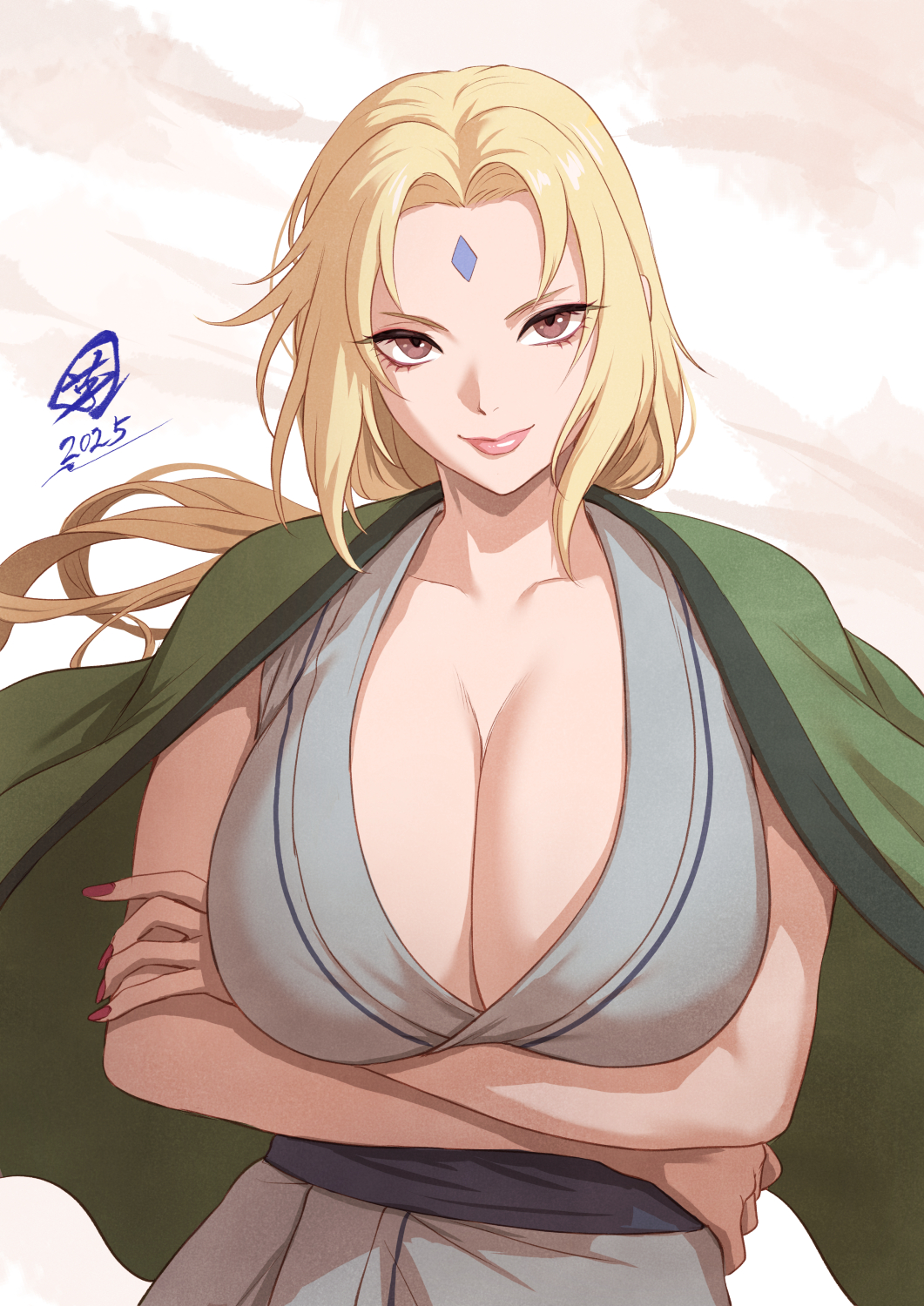 1girl blonde_hair breasts cleavage coat coat_on_shoulders collarbone facial_mark forehead_mark fujii_eishun green_coat grey_tunic highres huge_breasts long_hair nail_polish naruto_(series) pink_lips ponytail smile solo tsunade_(naruto) tunic upper_body
