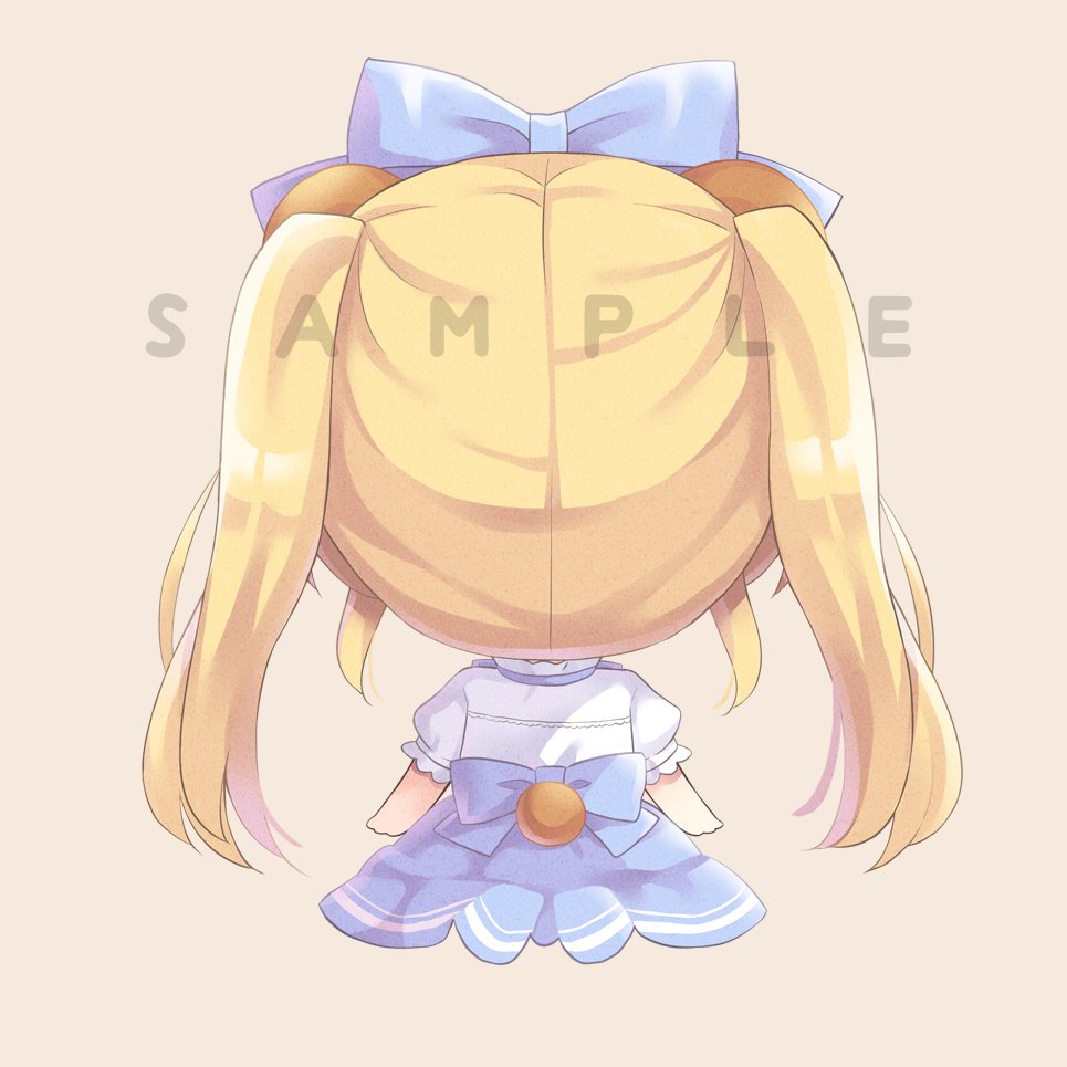 1girl arms_at_sides back_bow blonde_hair blue_bow blue_skirt bow chibi commentary_request from_behind hair_bow high-waist_skirt hoshimame_mana long_hair puffy_short_sleeves puffy_sleeves sample_watermark shirt short_sleeves sidelocks sitting skirt solo summer_pockets tsumugi_wenders twintails watermark white_shirt