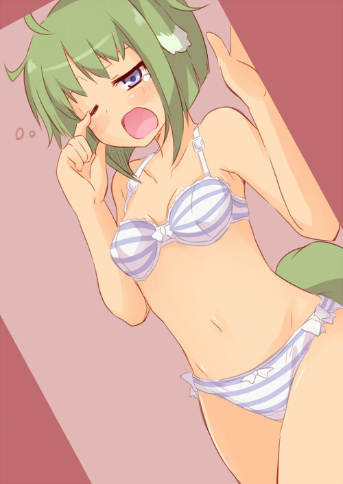 10s 1girl altorealize animal_ears blue_eyes bra dog_days dog_ears dog_tail eclair_martinozzi female_focus green_hair lingerie navel panties solo striped_bra striped_clothes striped_panties tail underwear underwear_only