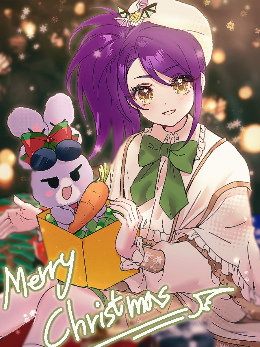 1girl bell beret blurry blurry_background box capelet carrot chuu0105 cowbell eyewear_on_head food gift gift_box green_ribbon hat highres holding holding_food holding_vegetable in_box in_container long_hair long_sleeves looking_at_viewer merry_christmas neck_ribbon open_mouth pretty_series pripara puffy_long_sleeves puffy_sleeves purple_hair ribbon shirt side_ponytail sitting smile snowflakes solo stuffed_animal stuffed_rabbit stuffed_toy sunglasses toudou_shion usagi_(pripara) vegetable white_capelet white_shirt yellow_eyes