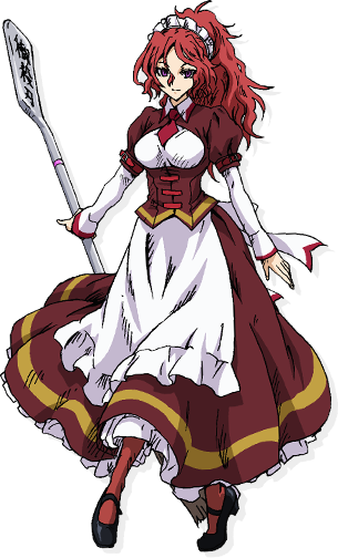 1girl apron breasts brown_eyes dress full_body gonzo_(studio) holding holding_weapon inu_to_hasami_wa_tsukaiyou large_breasts long_skirt maid maid_headdress moribe_sachi necktie official_art red_hair red_socks shoes skirt smile socks transparent_background weapon