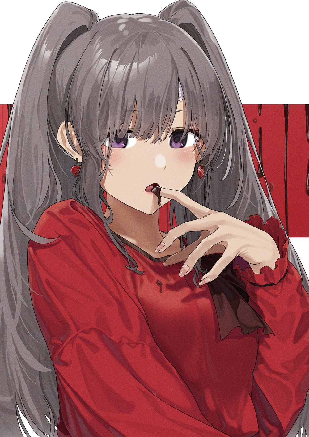 1girl bandaid bandaid_on_face blush border breasts chocolate earrings finger_in_own_mouth food_on_clothes grey_hair hand_up heart heart_earrings highres idolmaster idolmaster_shiny_colors jewelry long_hair long_sleeves looking_at_viewer medium_breasts noeru outside_border purple_eyes red_background red_shirt shirt sidelocks solo twintails upper_body white_border yukoku_kiriko