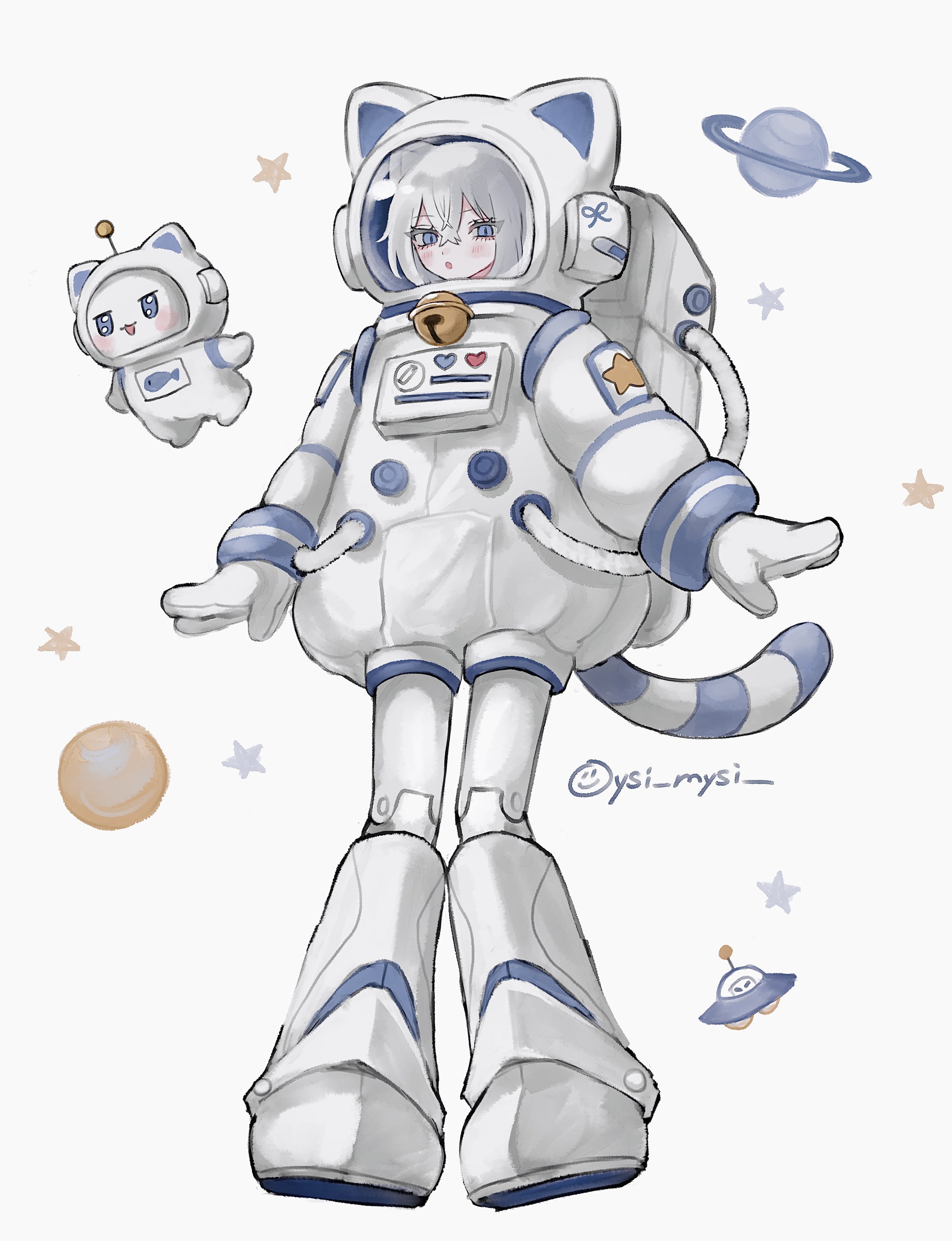 1girl absurdres animal_ears animal_ears_helmet animal_helmet astronaut bell blue_eyes blush cat_ears cat_girl cat_tail commentary crossed_bangs dot_nose full_body hair_between_eyes heart highres looking_at_viewer medium_hair neck_bell open_mouth original oysi_mysi planet simple_background slit_pupils solo_focus star_(symbol) star_print symbol-only_commentary tail twitter_username ufo white_background white_hair yuki_(oysi_mysi)