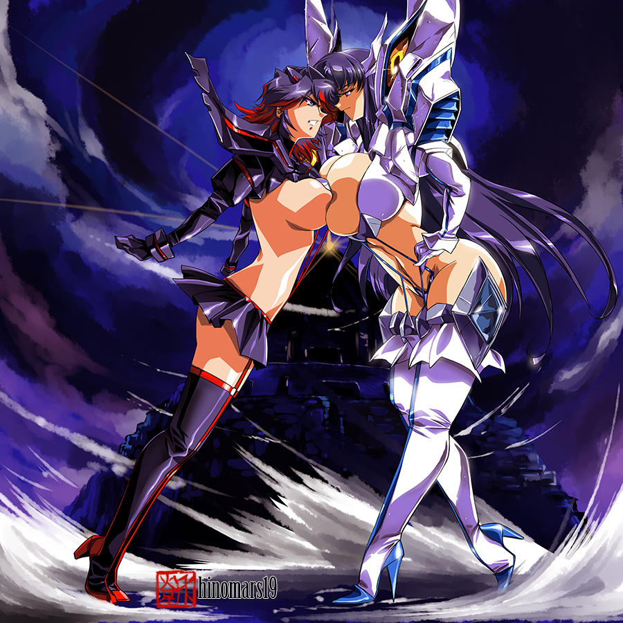 1980s_(style) 1990s_(style) 2girls alternate_breast_size armor artist_name asymmetrical_docking black_gloves black_hair blue_eyes boots breast_press breasts clenched_teeth commentary commission english_commentary floating_hair gloves hand_on_own_hip heads_together high_heel_boots high_heels hinomars19 huge_breasts junketsu kill_la_kill kiryuuin_satsuki large_breasts leaning_forward long_hair looking_at_another looking_down looking_up matoi_ryuuko multicolored_hair multiple_girls oldschool red_hair retro_artstyle senketsu sideboob streaked_hair teeth thigh_boots thighhighs white_gloves