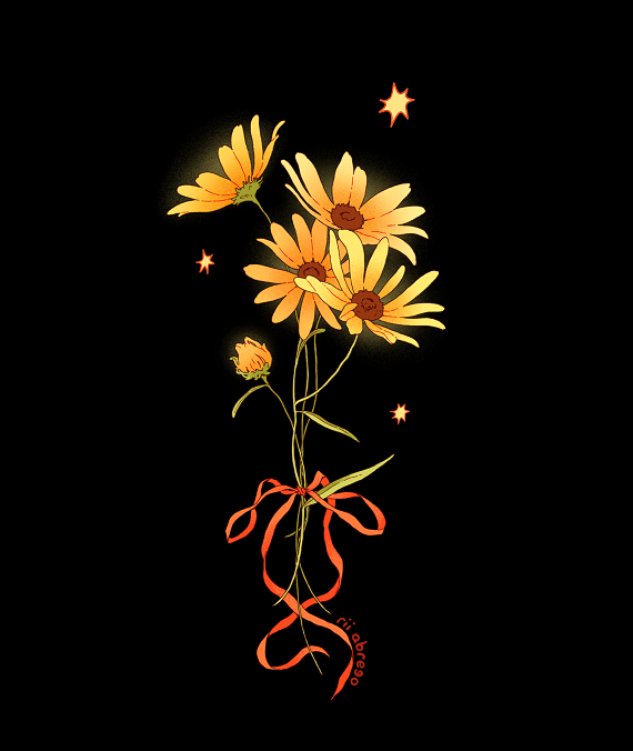 black-eyed_susan black_background bow bud commentary downscaled english_commentary flower flower_focus glowing leaf no_humans original paid_reward_available red_bow red_ribbon resized ribbon rii_abrego signature simple_background sparks yellow_flower