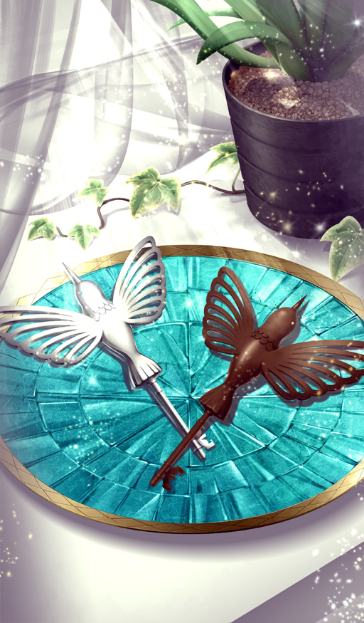 bird chocolate commentary fate/grand_order fate_(series) food food_art food_focus hayosena hummingbird johanna-san_to_mikakunin_no_ai key light_particles light_rays no_humans official_art plant plate potted_plant still_life third-party_source