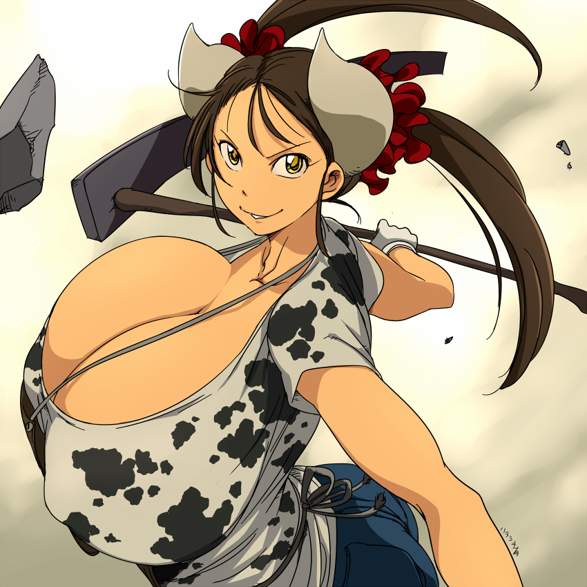 &gt;:) 1girl adze animal_print apron breasts brown_hair cleavage covered_erect_nipples cow_girl cow_horns cow_print curvy female_focus from_side gigantic_breasts gloves gradient_background grey_horns hair_ornament hair_scrunchie hataraki_ari hoe horns looking_at_viewer original parted_lips print_shirt rock scrunchie shirt short_sleeves smile solo sukimi twintails upper_body v-shaped_eyebrows white_gloves worktool yellow_eyes