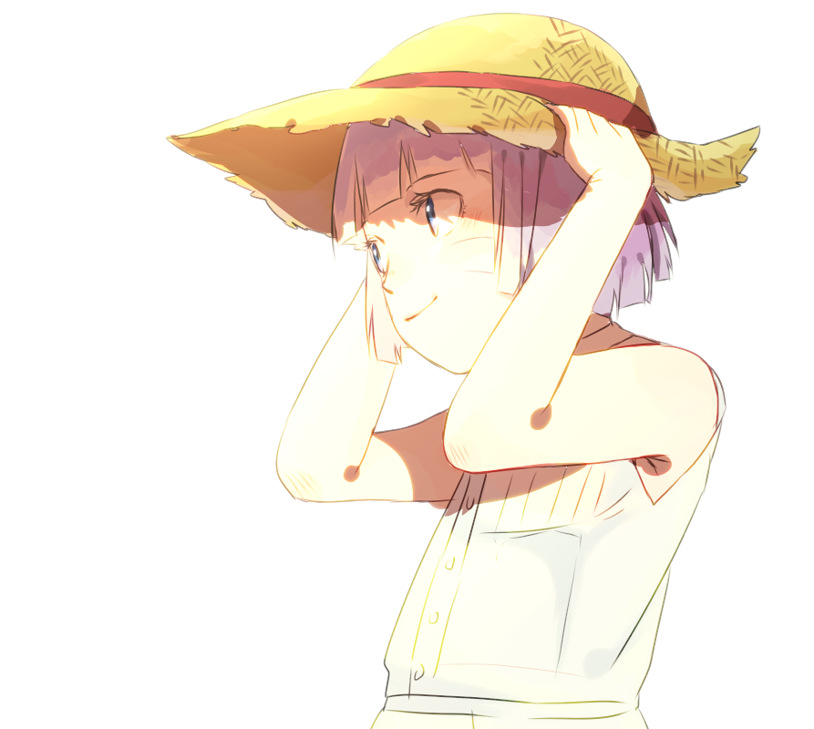 1girl arms_up bare_arms bare_shoulders blue_eyes blunt_bangs boruto:_naruto_next_generations buttons close-up dress eyelashes facial_mark female_focus hand_on_headwear happy hat head_tilt looking_away mizuto_(o96ap) naruto_(classic) naruto_(series) purple_hair shade short_hair simple_background sleeveless sleeveless_dress smile solo straw_hat upper_body uzumaki_himawari very_short_hair whisker_markings white_background white_dress
