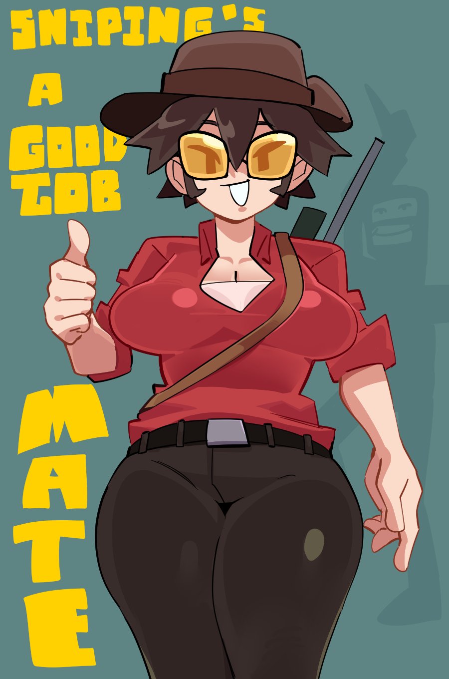 1girl 1other arm_up belt breasts brown_hair brown_hat brown_pants cleavage collared_shirt commentary double-parted_bangs english_commentary english_text genderswap genderswap_(mtf) glasses gun hair_between_eyes hat highres holding holding_knife knife long_bangs looking_at_viewer medium_breasts no_nose open_mouth pants pic-kle red_shirt red_sniper_(tf2) rifle scope shirt short_hair short_sleeves smile sniper_(tf2) sniper_rifle solo_focus spy_(tf2) team_fortress_2 thick_thighs thighs thumbs_up v-shaped_eyes weapon white_mouth white_undershirt
