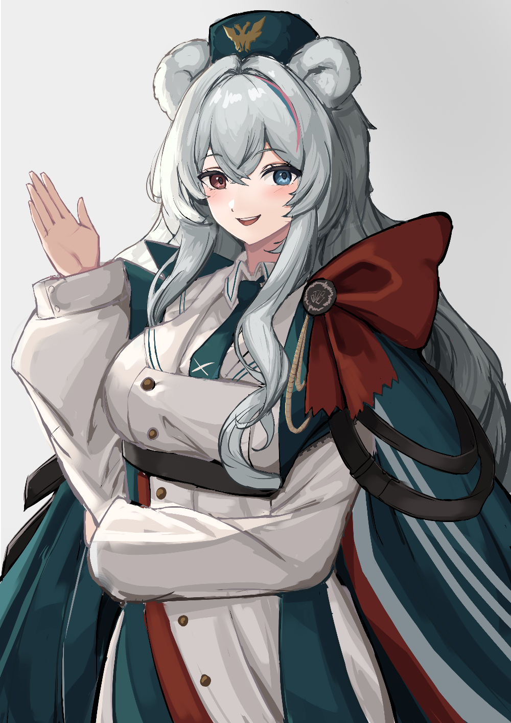 1girl :d aiguillette animal_ears arknights blue_eyes blush brown_eyes cape chou_oji commentary crossed_bangs dress green_cape green_hair green_hat green_necktie grey_background hair_between_eyes hat heterochromia highres long_sleeves looking_at_viewer multicolored_hair necktie open_mouth pink_hair rosa_(arknights) simple_background smile solo streaked_hair waving white_dress