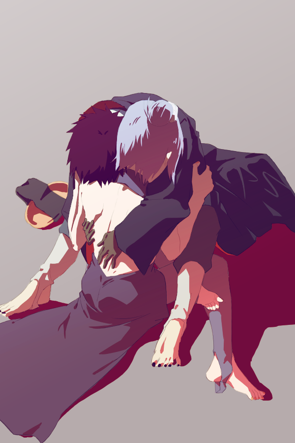 1boy 1girl akatsuki_(naruto) akatsuki_uniform back backless_dress backless_outfit bare_shoulders black_coat black_hair black_nails blue_hair coat dress flower gloves grabbing hair_bun hair_flower hair_ornament head_on_another&#039;s_shoulder hug konan_(naruto) mask nail_polish naruto_(series) naruto_shippuuden obobkkp orange_nails shadow short_hair single_hair_bun sitting sleeveless spiked_hair toenail_polish toenails toes uchiha_obito unworn_mask