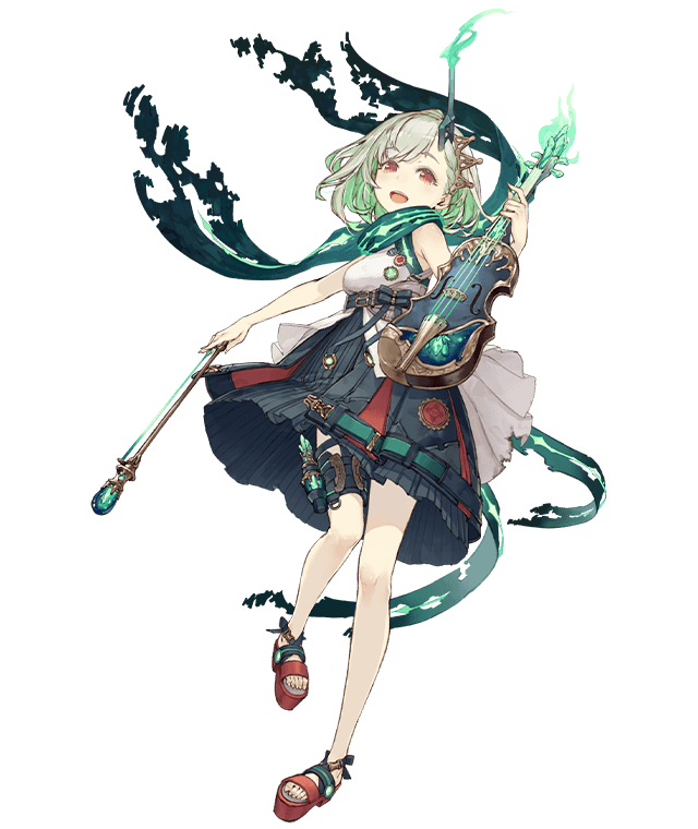 1girl :d bow_(music) breasts dress full_body green_dress green_hair horns instrument ji_no little_match_girl_(sinoalice) looking_at_viewer official_art open_mouth platform_sandals red_eyes sandals scarf single_horn sinoalice sleeveless sleeveless_dress small_breasts smile solo teeth thigh_strap transparent_background upper_teeth_only violin