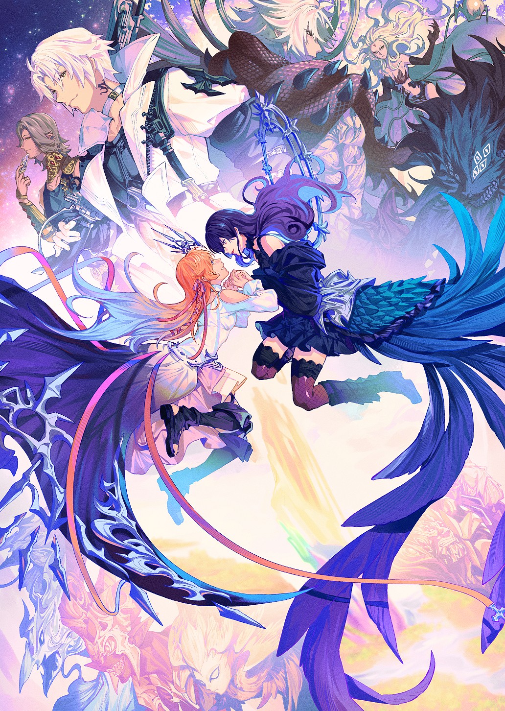 alternate_costume alternate_hair_color black_dress black_hair blue_hair boots brown_hair cloud_of_darkness dress fangs fatebreaker_(ff14) final_fantasy final_fantasy_xiv gaia_(ff14) garuda_(final_fantasy) grey_hair highres holding holding_another&#039;s_hand holding_hands ifrit_(final_fantasy) leviathan_(final_fantasy) mitron_(ff14) multicolored_hair possessed possession ramuh redricewine ryne_waters shadowkeeper_(ff14) shiva_(final_fantasy) square_enix thancred_waters thighhighs tiara titan_(final_fantasy) transforming_clothes urianger_augurelt white_hair yuri