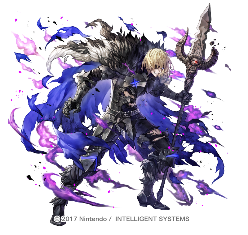 armor black_armor blonde_hair blue_cape boots cape copyright_notice dark_persona dimitri_alexandre_blaiddyd eyepatch fire_emblem fire_emblem:_three_houses fire_emblem_heroes fur_boots fur_trim holding holding_polearm holding_weapon male_focus nintendo official_art polearm senano-yu short_hair simple_background solo torn_clothes weapon white_background yellow_eyes