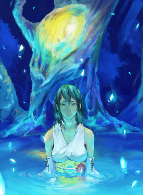 1girl albaro blue_eyes breasts brown_hair closed_mouth detached_sleeves female_focus final_fantasy final_fantasy_x green_eyes hair_ornament heterochromia japanese_clothes lake looking_at_viewer medium_breasts short_hair smile solo yuna