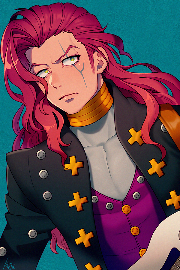 1boy dutch_angle frown green_background guitar instrument jacket jojo_no_kimyou_na_bouken kiri_futoshi long_hair male_focus otoishi_akira red_hair scar scar_across_eye scar_on_face signature solo upper_body yellow_eyes