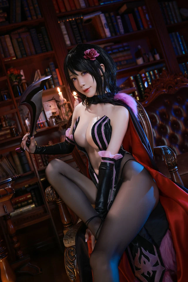1girl aqua28551264 black_dress black_hair black_panties bookshelf braid braided_ponytail breasts cleavage cosplay dress elsa_granhilte japanese_(nationality) knife kukri large_breasts library lipstick makeup medium_breasts navel panties pantyhose photo_(medium) purple_eyes re:zero_kara_hajimeru_isekai_seikatsu underwear
