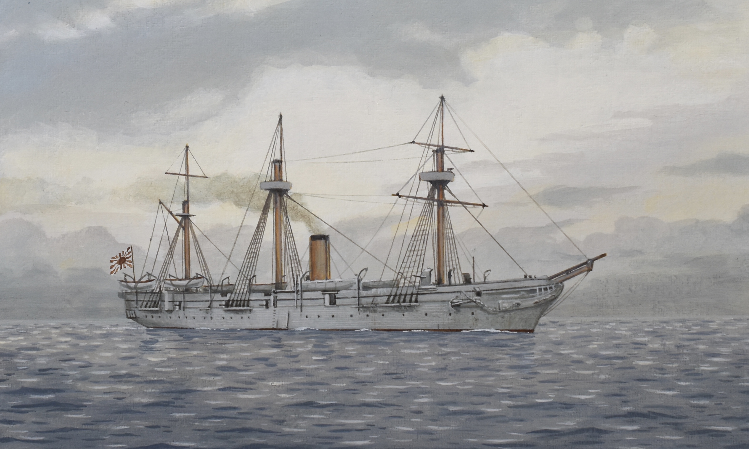 acrylic_paint_(medium) atelier_bono cloud cloudy_sky commentary_request flag frigate highres imperial_japanese_navy ironclad kaimon_(ironclad) mast military_vehicle morning no_humans ocean original painting_(medium) rising_sun_flag sail sailing_ship ship sky smoke smoke_trail smokestack sunburst traditional_media vehicle_focus warship watercraft