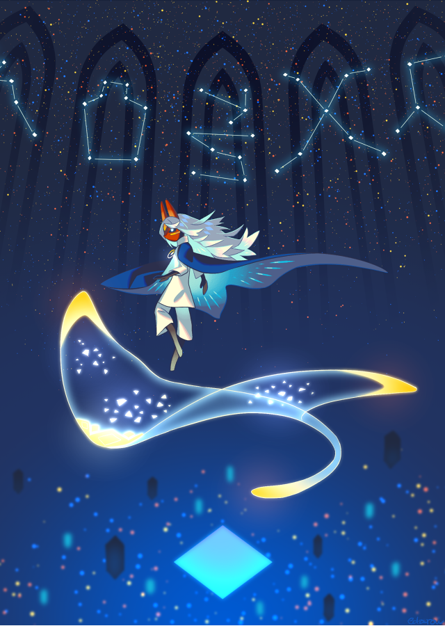 1other black_skin blue_background blue_cape cape colored_skin commentary commentary_request constellation creature edarow english_commentary fox_mask full_body long_hair manta_ray mask sky:_children_of_the_light solo very_long_hair white_hair wide_shot