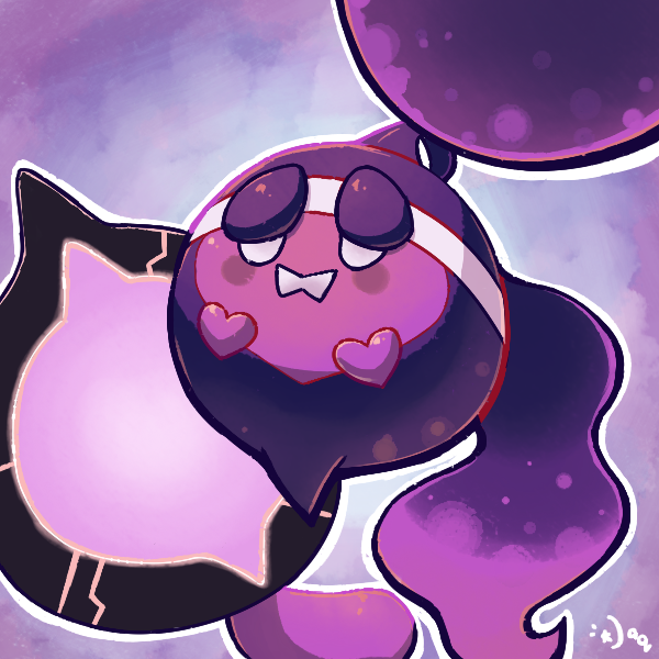 aquabluu artist_name blank_eyes blue_background commentary english_commentary multicolored_background nintendo no_humans open_mouth outline pecharunt pokemon pokemon_(creature) purple_background signature simple_background solo white_eyes white_outline