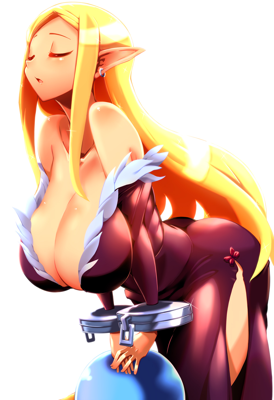 1girl ass bare_shoulders blonde_hair breasts cleavage closed_eyes cuffs curvy disgaea dress earrings elf female_focus healer_(disgaea) highres hip_focus huge_ass huge_breasts jewelry large_breasts leaning_forward long_hair no_bra open_mouth pointy_ears prinny side_slit sidelocks simple_background solo strapless strapless_dress thick_thighs thighs tokyo_(great_akuta) very_long_hair white_background wide_hips