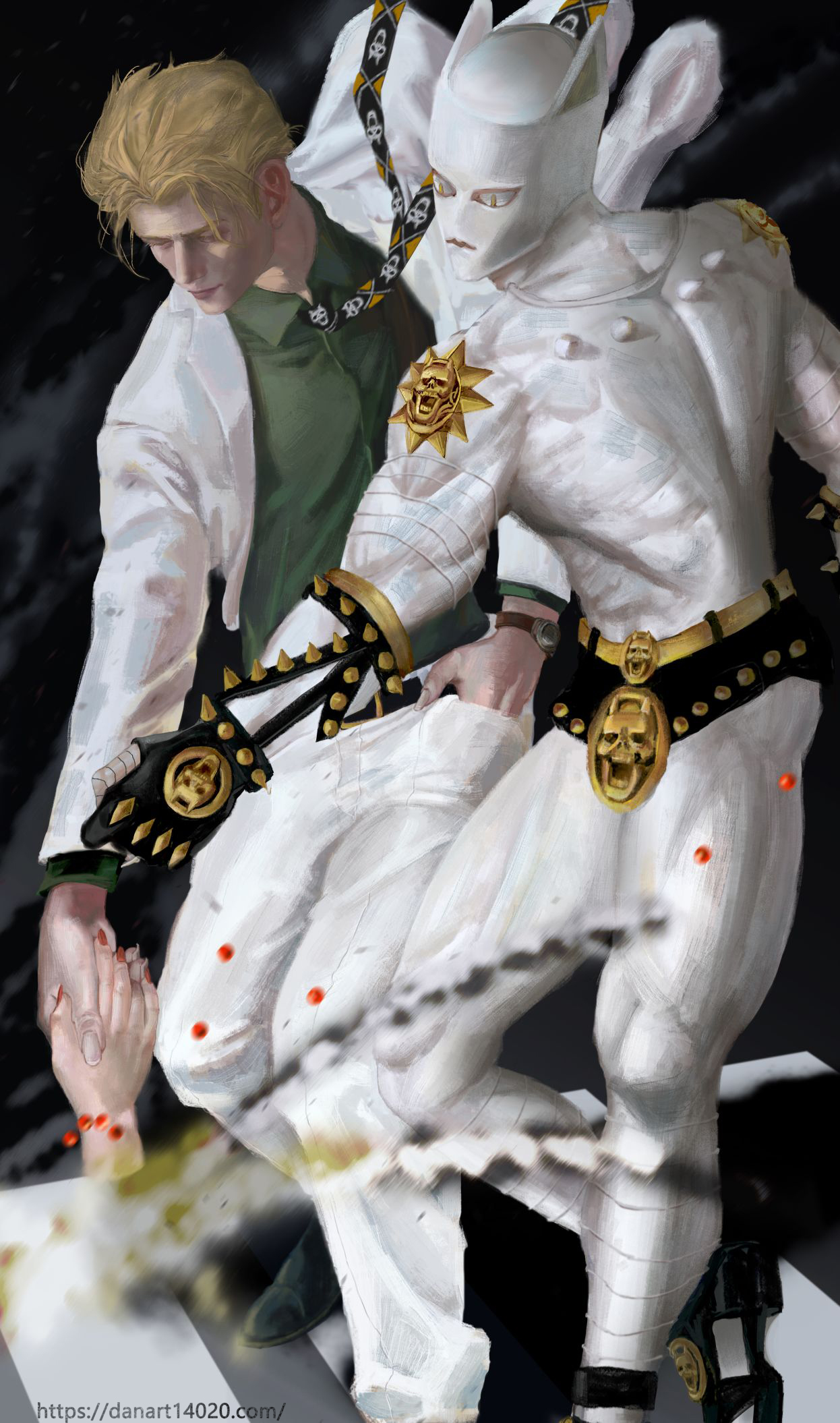 1boy blonde_hair commentary danart14020 diamond_wa_kudakenai english_commentary explosion green_shirt hand_in_pocket highres holding jacket jojo_no_kimyou_na_bouken killer_queen kira_yoshikage long_sleeves male_focus necktie pants realistic severed_hand shirt short_hair stand_(jojo) white_jacket white_pants