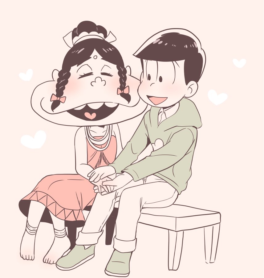 10s 1boy 1girl anklet barefoot bench black_hair blush braid closed_eyes dayoon_girl denim flat_color forehead_jewel heart heart_in_mouth hood hoodie jeans jewelry matsuno_choromatsu natsuki_nori nyu osomatsu-kun osomatsu-san osomatsu_(series) pants pants_rolled_up sitting smile twin_braids