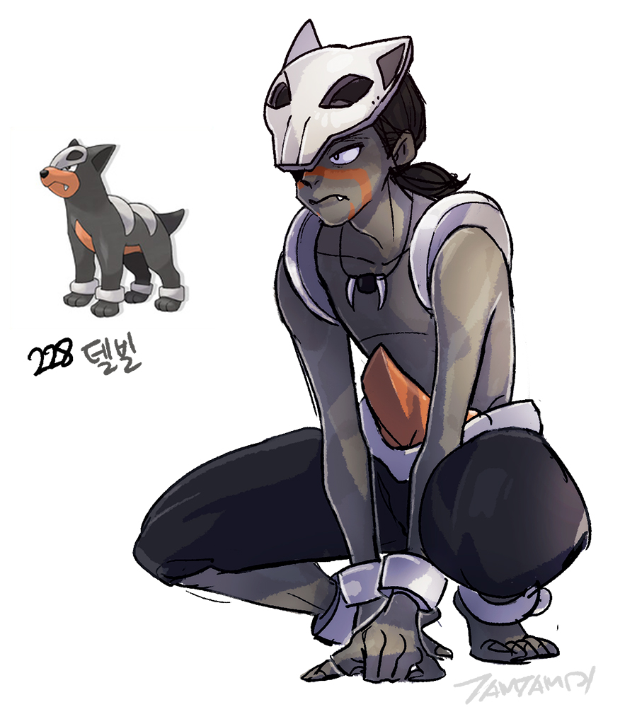 1boy black_hair black_pants closed_mouth colored_skin commentary facepaint fang fingernails gen_2_pokemon grey_skin houndour jewelry male_focus mask necklace nintendo pants pectorals personification pokemon pokemon_(creature) ponytail reference_inset simple_background skull_mask squatting tamtamdi toenails topless_male translated white_background