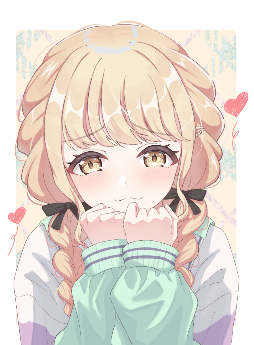 1girl :3 black_ribbon blonde_hair blush border braid french_braided_twintails fujita_kotone gakuen_idolmaster hair_ribbon heart idolmaster jacket keshi_kado long_hair looking_at_viewer multicolored_jacket ribbon smile solo twin_braids upper_body white_border yellow_eyes