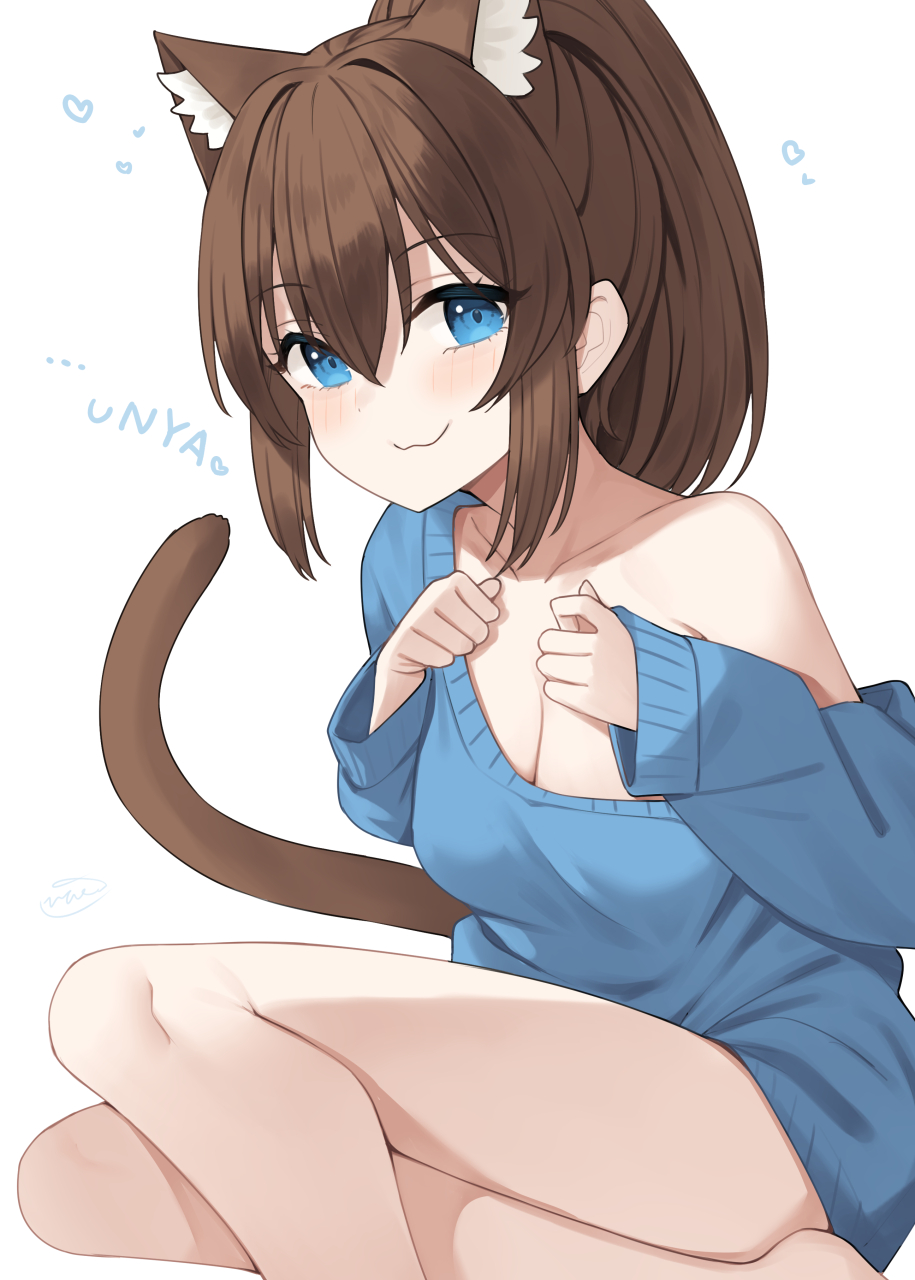 1girl :3 animal_ear_fluff animal_ears binsen blue_eyes blue_sweater breasts brown_hair cat_ears cat_tail cleavage collarbone crossed_legs dot_nose double-parted_bangs dress eyelashes heart highres idolmaster idolmaster_million_live! idolmaster_million_live!_theater_days kemonomimi_mode large_breasts light_blush long_hair looking_at_viewer nyan off-shoulder_sweater off_shoulder ponytail satake_minako sidelocks single_bare_shoulder sitting solo sweater sweater_dress tail thighs white_background