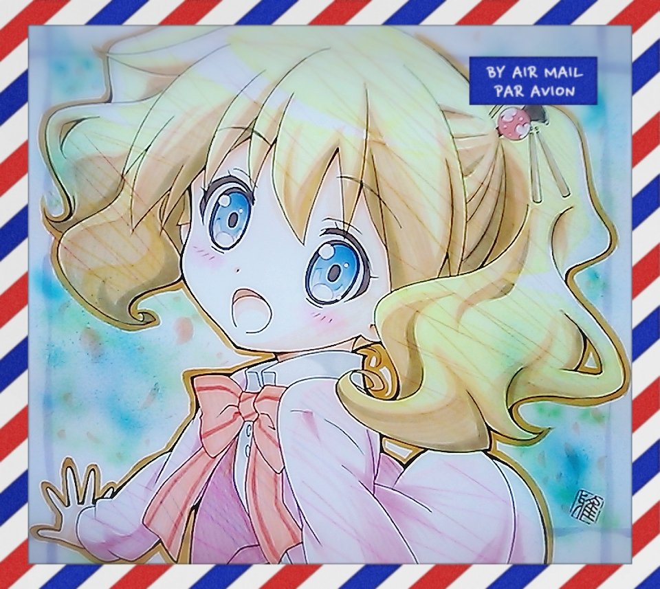 1girl :d alice_cartelet blue_eyes bow buttons cardigan chopsticks collared_shirt english_text french_text hair_ornament happy_birthday kin-iro_mosaic koseki_masaru light_blush long_sleeves looking_at_viewer medium_request mixed-language_text official_art open_mouth outstretched_arms outstretched_hand photo_(medium) pink_bow pink_cardigan raised_eyebrows red_bow school_uniform shirt short_twintails signature smile solo twintails upper_body wavy_hair wax_seal winter_uniform