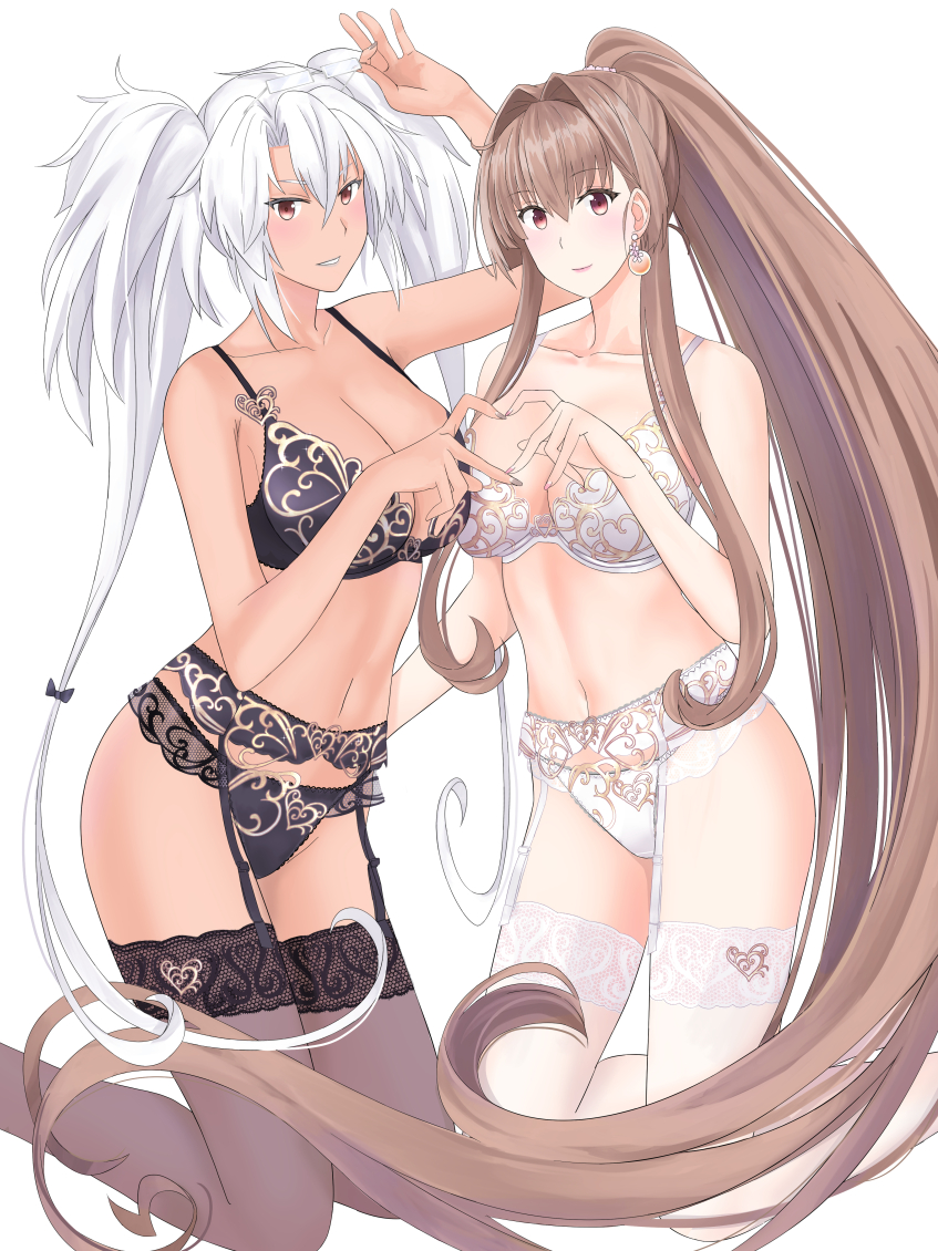 2girls black_bra black_panties black_thighhighs bra breasts brown_hair cleavage commentary_request dark-skinned_female dark_skin frilled_bra frilled_panties frills garter_straps hair_intakes heart heart_hands heart_hands_duo kantai_collection large_breasts long_hair multiple_girls musashi_(kancolle) navel no_eyewear panties red_eyes sidelocks simple_background takase_asagiri thighhighs twintails underwear underwear_only white_background white_bra white_hair white_panties yamato_(kancolle)