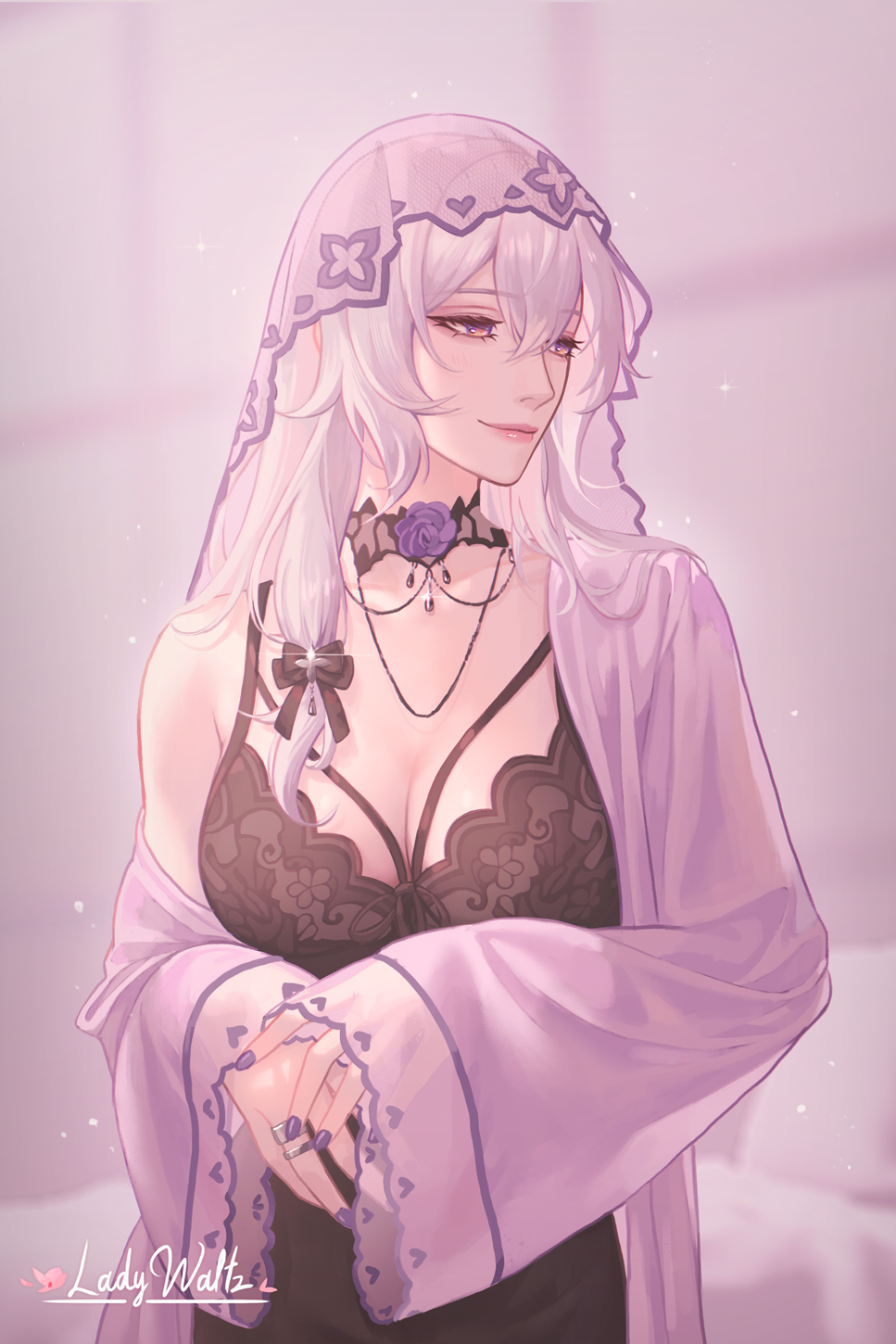 1girl alternate_costume black_choker black_dress black_swan_(honkai:_star_rail) breasts choker cleavage commentary dress highres honkai:_star_rail honkai_(series) jewelry ladywaltz large_breasts long_hair long_sleeves medium_breasts nail_polish own_hands_together pink_lips purple_eyes purple_nails ring smile solo upper_body veil very_long_hair white_hair