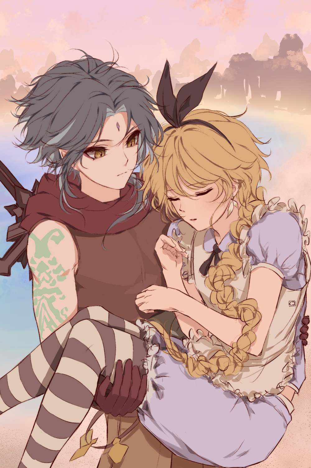 2boys aether_(genshin_impact) ahoge alice_(alice_in_wonderland) alice_(alice_in_wonderland)_(cosplay) black_hair blonde_hair braid carrying cosplay couple facial_mark genshin_impact green_hair hair_between_eyes highres kuko_(geeeee_ss) long_hair multicolored_hair multiple_boys princess_carry trap xiao_(genshin_impact) yaoi yellow_eyes